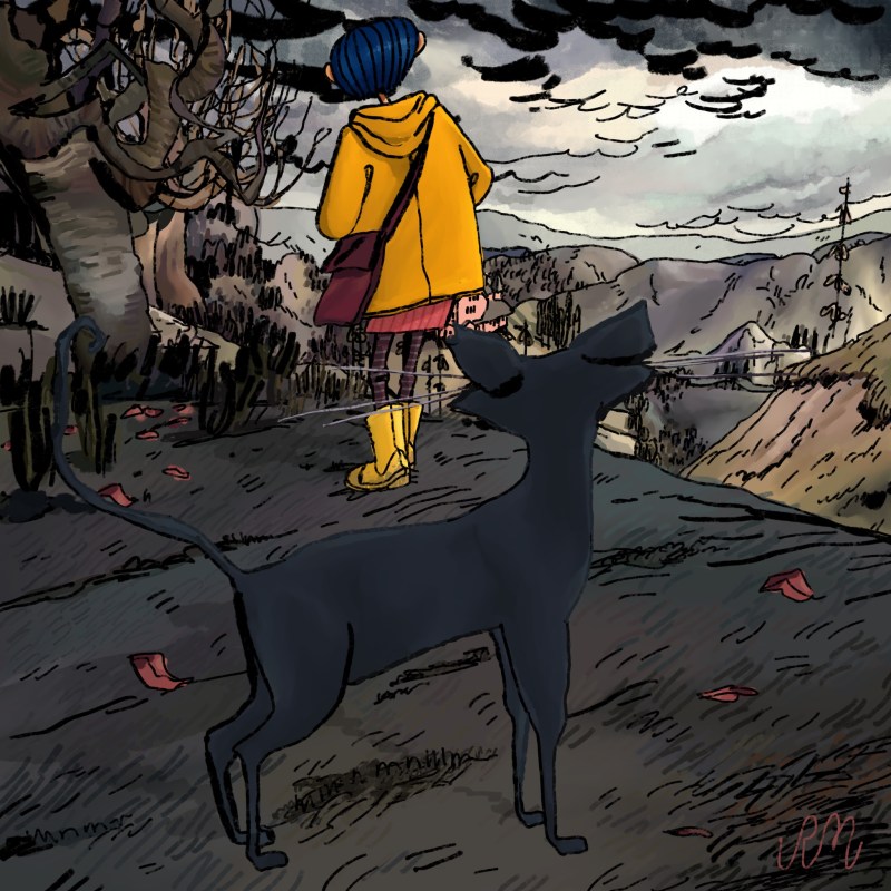 Stylized depiction of Coraline and The Cat overlooking the Pink Palace from the movie adaptation of Neil Gaiman's Coraline