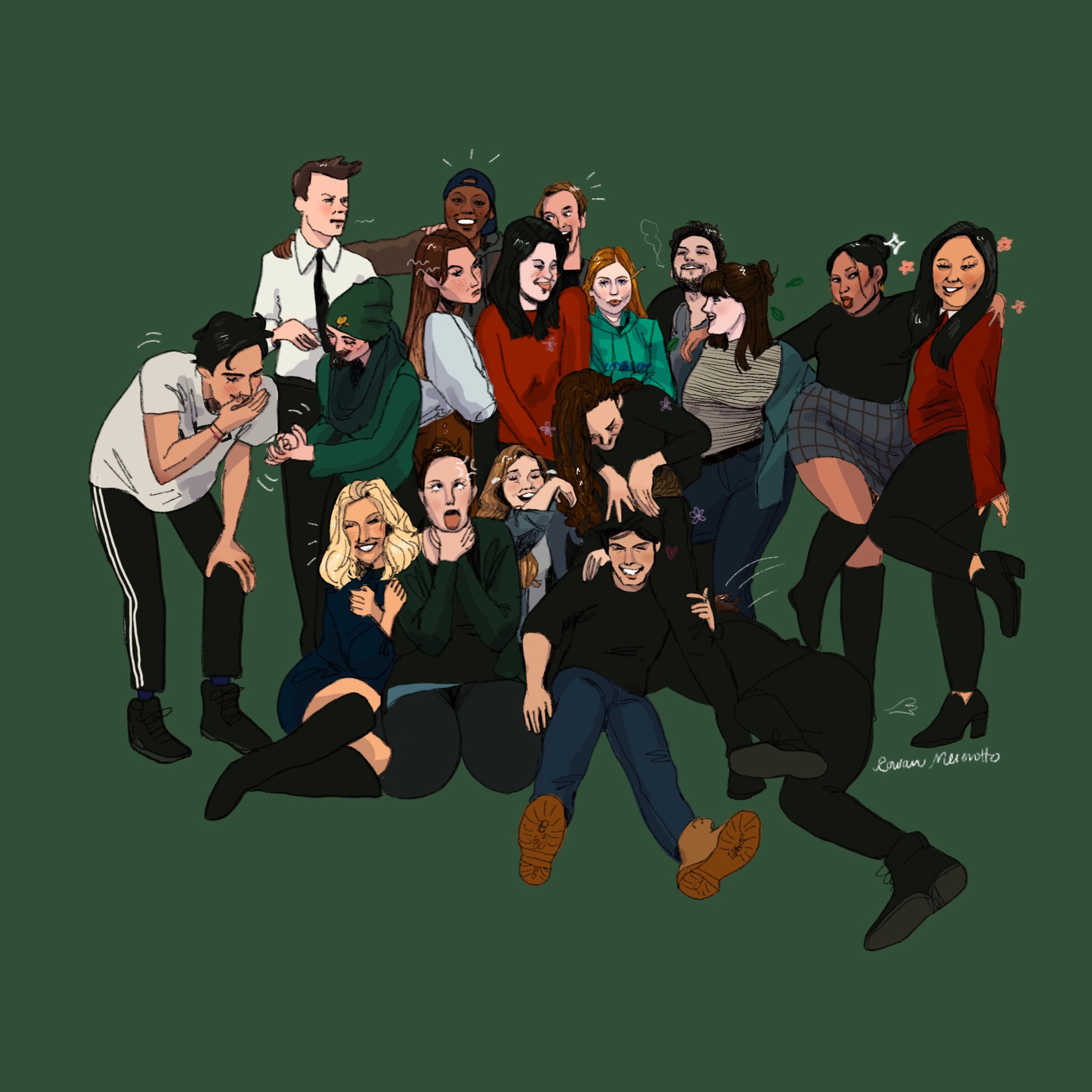 a stylized illustration of a group of 17 college students in various silly poses with doodled embellishments like movement lines flowers and sparkles. The background is green.