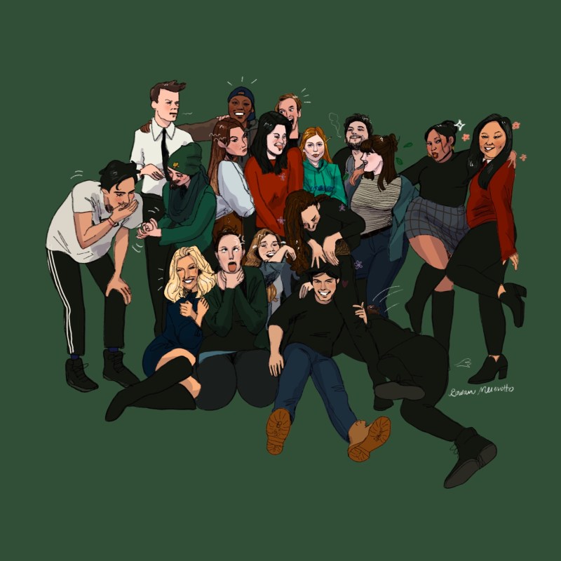 a stylized illustration of a group of 17 college students in various silly poses with doodled embellishments like movement lines flowers and sparkles. The background is green.