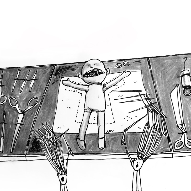 a black and white ink illustration of the opening credits of the 2009 movie coraline. The other mother's needle hands work on a blank rag doll on her desk. Her desk is neatly arranged with tools: shears, scissors, needles, scalpels, and of course buttons