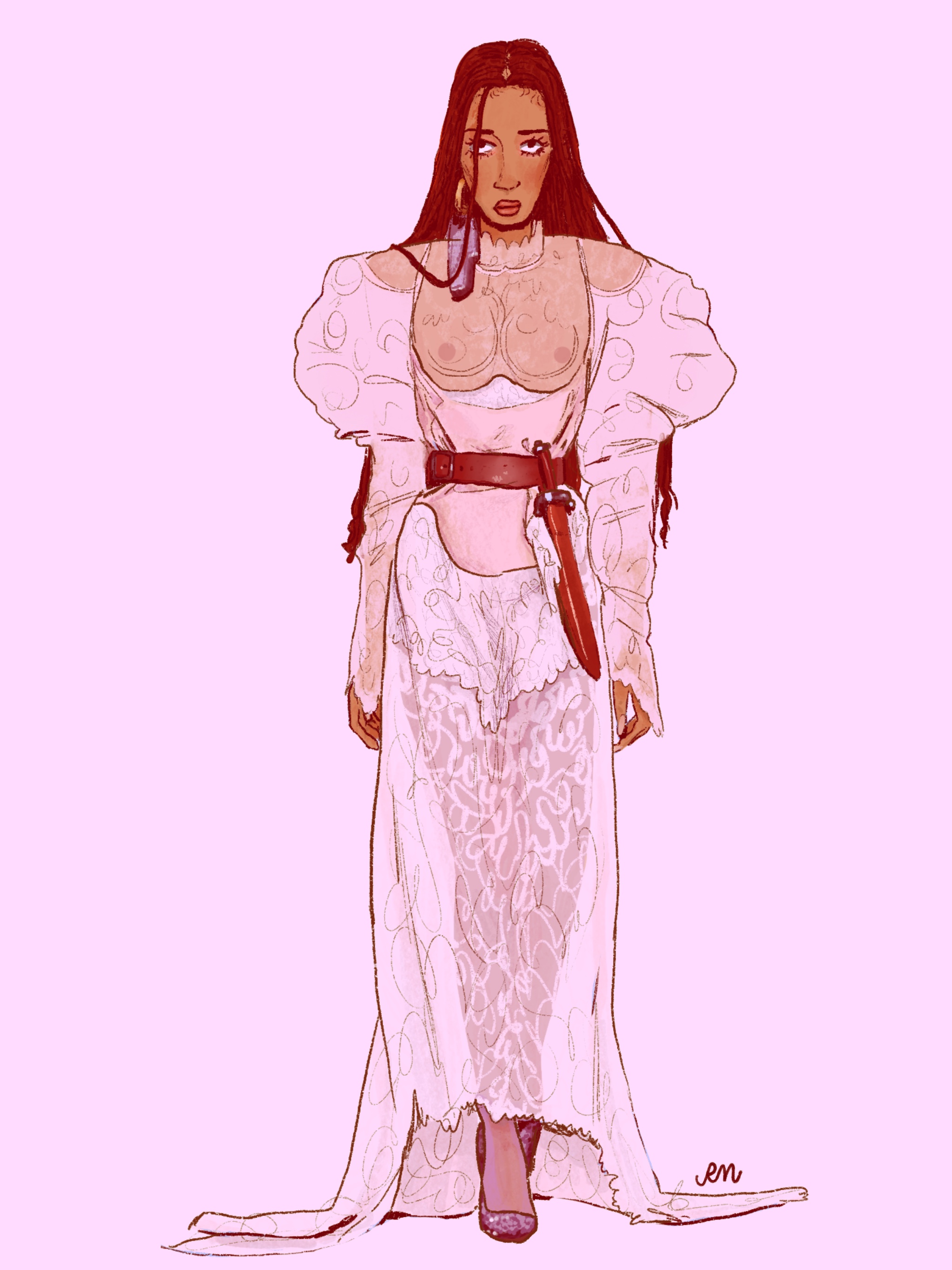 A lightskinned black girl with microbraids walks the runway in a transparent light pink lace gown with large puff sleeves, a shiny leather belt and a matching sheathed knife. The whole picture has a pink tint.