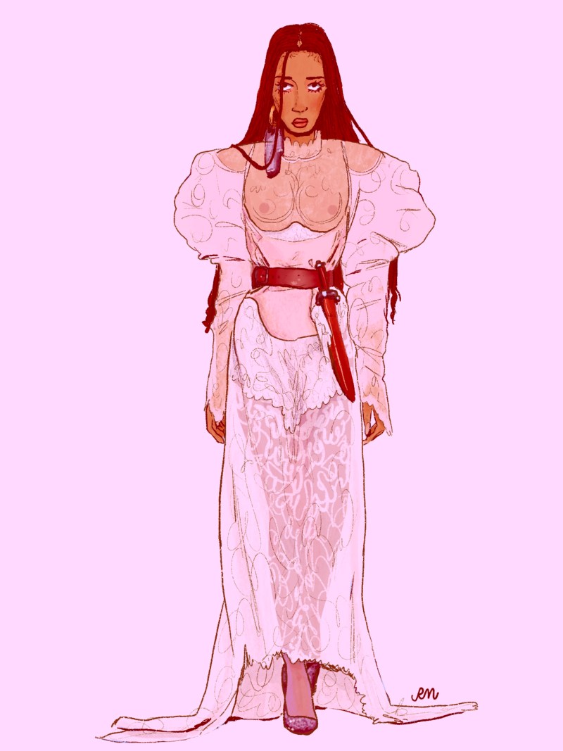 A lightskinned black girl with microbraids walks the runway in a transparent light pink lace gown with large puff sleeves, a shiny leather belt and a matching sheathed knife. The whole picture has a pink tint.