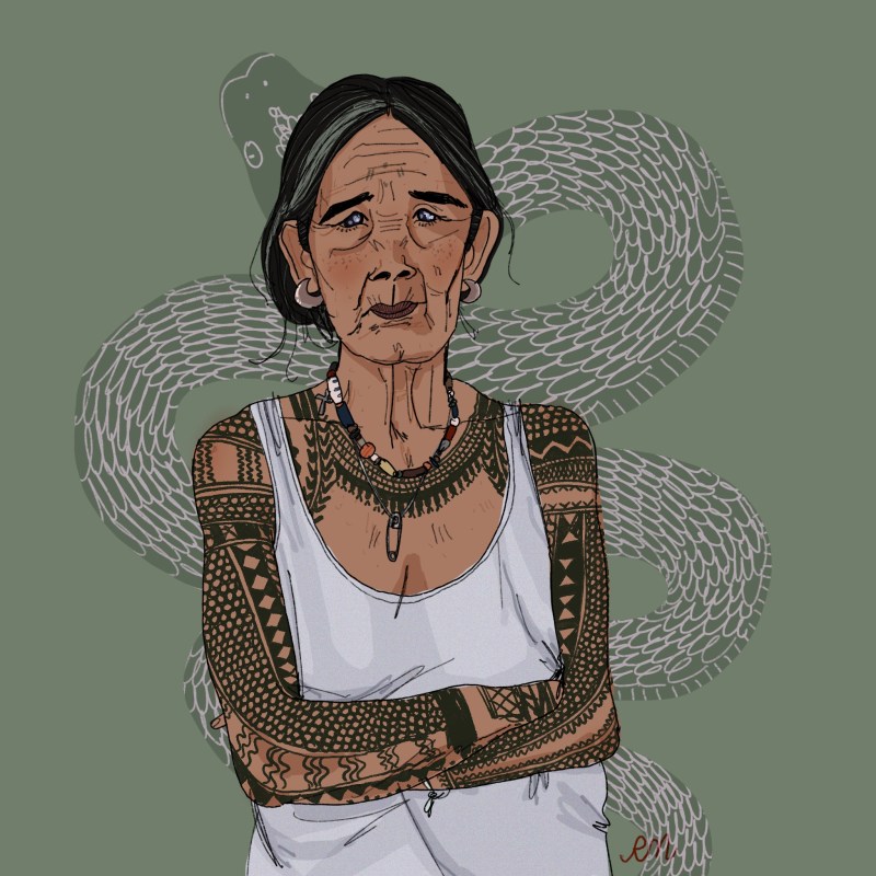 A stylized depiction of Whang-Od Oggay, a mambabatok or traditional tattoo artist, from the Philippines. She is heavily tattood in the Kalinga tradition. She has black hair streaked with greys at the front, tied in a low pony. She wears two necklaces of beads and safety pins, and a white tank top. Behind her is a sprawling snake on a green background.
