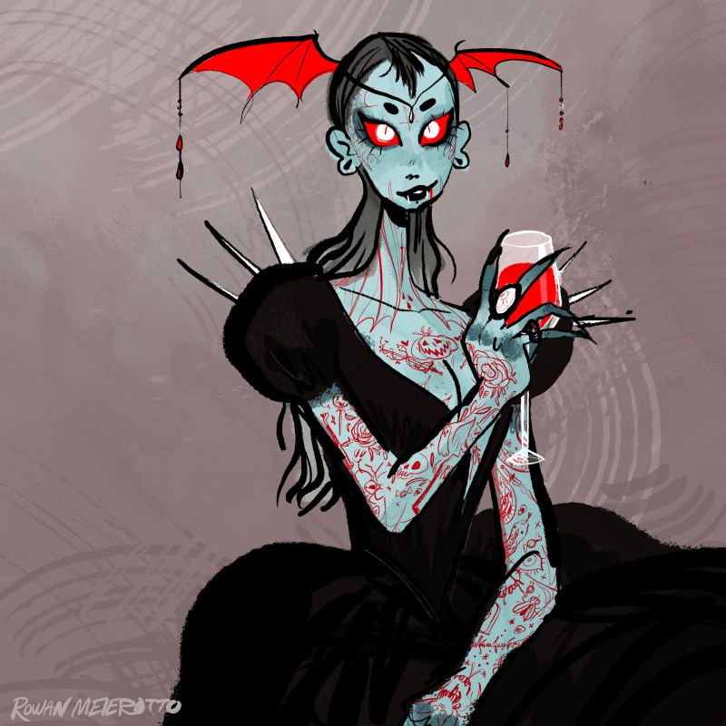 stylized illustration of a blue skinned gothic vampire with red accents drinking a wine glass of blood