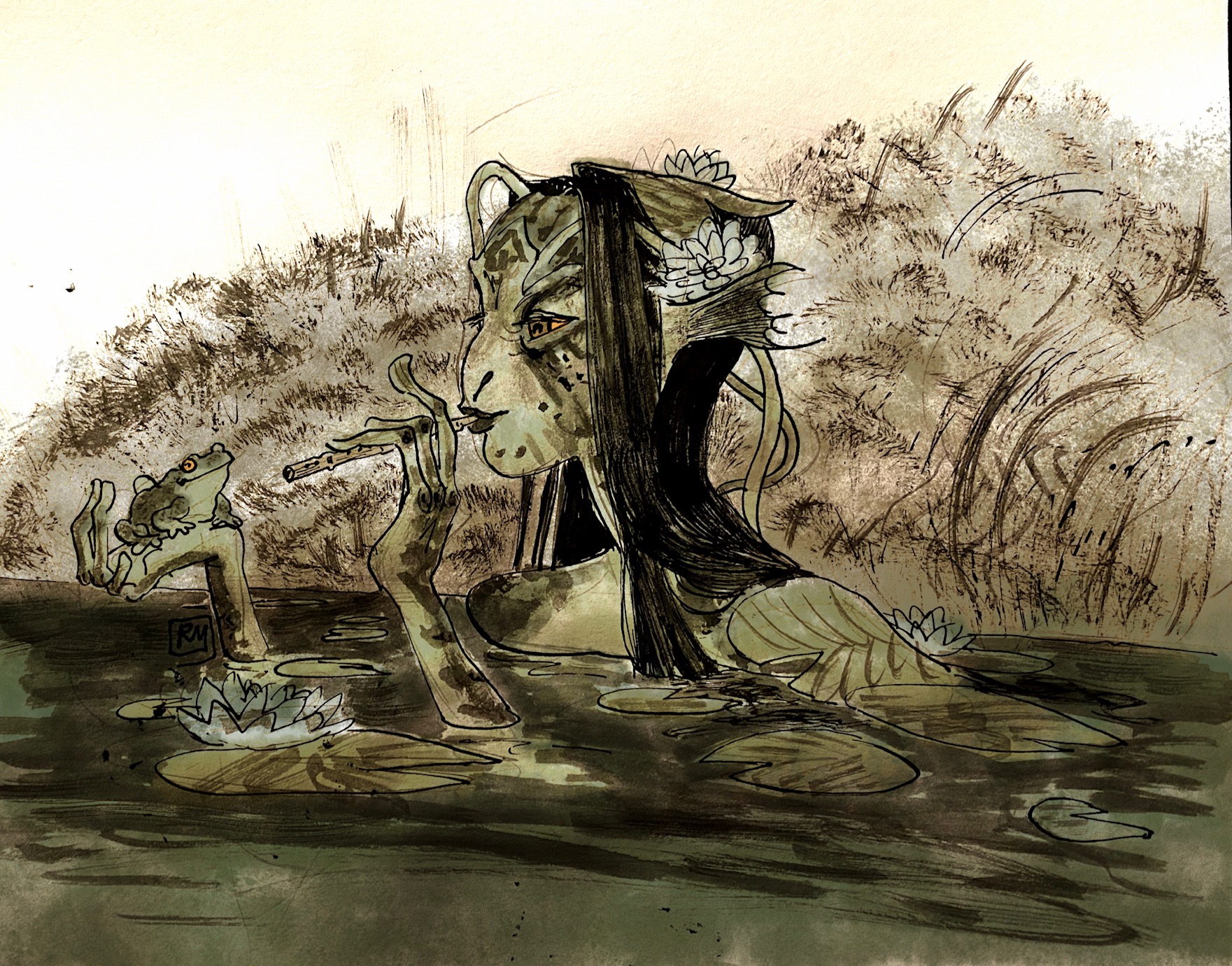 a green skinned nixie serenades her toad friend