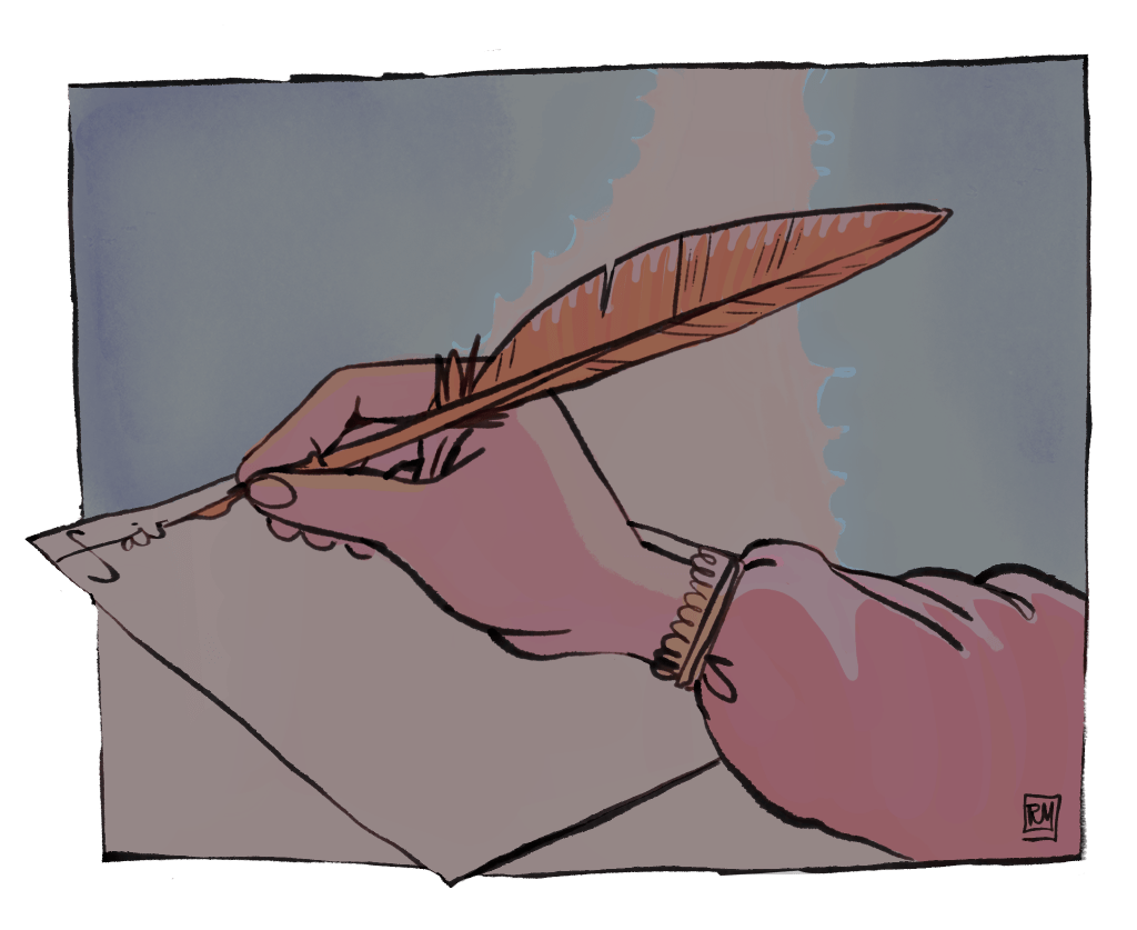 Illustration of a letter being written with a feather quill and parchment