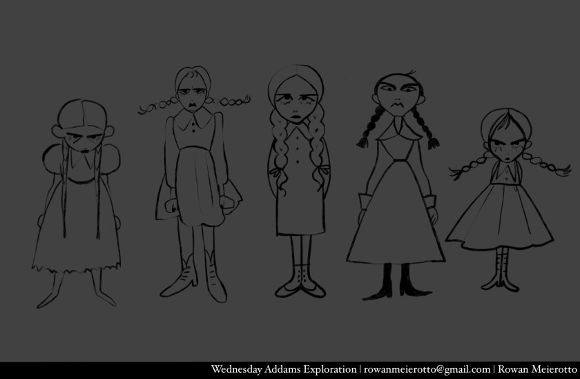 concept sketches of various Wednesday Addams designs